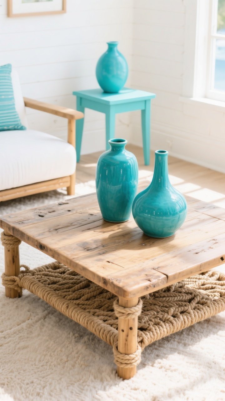 Photorealistic overhead detail shot of a sunroom coffee table vignette: sun-bleached teak tabletop with rope and jute textures, turquoise ceramic vases and a small painted turquoise side table edge visible, set against white walls that let the turquoise pop; repeat turquoise in three accents within the frame; bright, playful natural light; grounded, beachy energy
