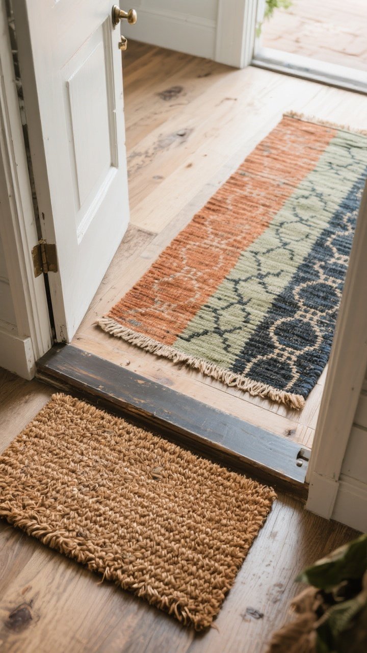 Photorealistic overhead detail shot of layered entry rugs: a coir doormat outside the threshold and, just inside, a flatweave washable vintage-look runner in earthy tones—terracotta, sage, charcoal, and faded indigo—with a subtle, timeworn pattern. Show the doorway edge, a hint of wood floor, and a few natural scuffs that the pattern disguises. Natural daylight, textures crisp and tactile, composition focused on durability and warmth.