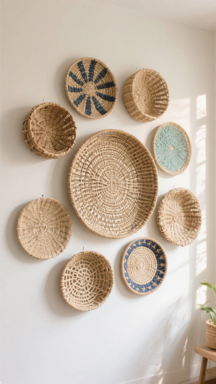 Photorealistic straight-on medium shot: an arrangement of woven wall plates and baskets in rattan, seagrass, and raffia, tightly grouped to read as one art moment; sizes mixed with one large piece anchoring and smaller plates filling gaps; tonal palette of sandy neutrals with selective accents of navy and soft teal; soft afternoon natural light grazes the textures, emphasizing weave patterns on a matte warm white wall.