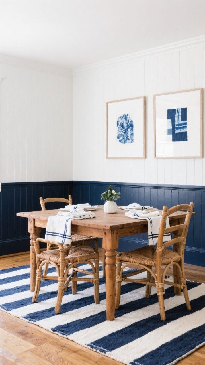 Photorealistic straight-on medium shot of a dining room with crisp white upper walls and matte navy wainscoting, warmed by a natural wood table and rattan dining chairs; textiles include a nautical stripe rug in navy and white and white napkins with navy piping; art: indigo-dyed prints in simple frames; controlled contrast with warm wood tones; bright, clean lighting