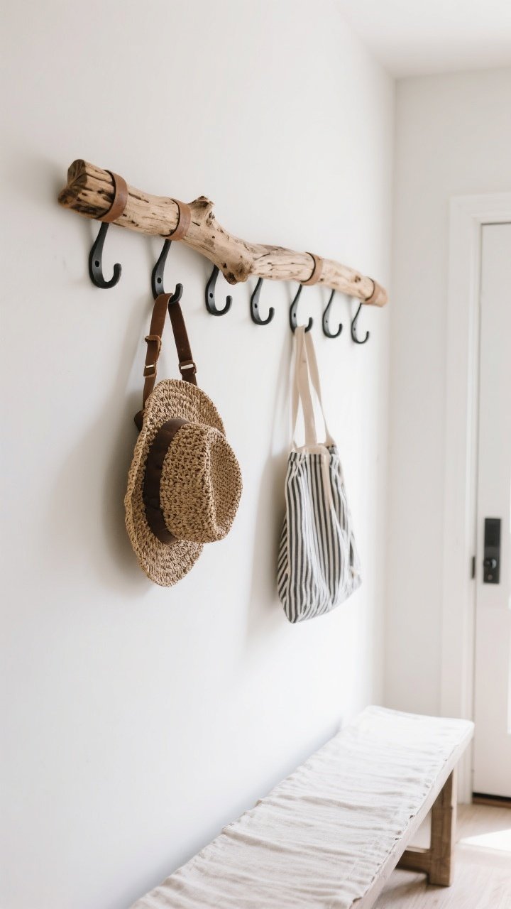 Photorealistic straight-on medium shot of a driftwood coat rack mounted on a white entryway wall: a straight, forearm-length piece of driftwood with an odd number of matte black hooks evenly spaced. Keyhole brackets or leather straps secure it to the wall. A woven hat and a striped tote bag hang from two hooks. Lightly sanded, matte-sealed wood grain visible. Bright natural daylight, simple linen runner on a nearby console for context, upscale rustic feel.