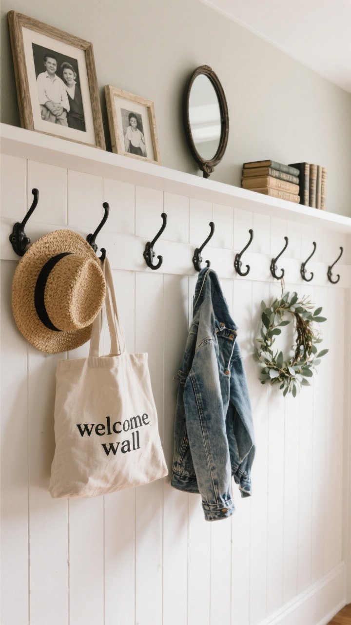 Photorealistic straight-on medium shot of a “welcome wall” with white beadboard or shiplap and a long row of antique-style black iron hooks mounted at 60–66 inches. On the hooks: a straw hat, a canvas tote, a faded denim jacket, and a small eucalyptus wreath. Above, a narrow ledge shelf holds a few framed family photos, a pair of vintage books, and a small mirror. Neutral palette with black-and-white contrast, soft diffused daylight to emphasize charm and order.