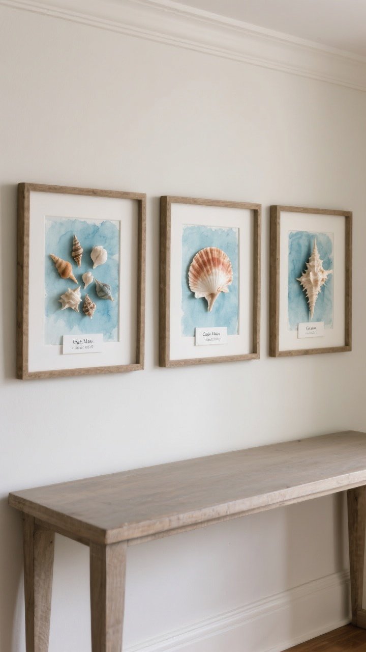 Photorealistic straight-on medium shot of three seashell shadow boxes in a row over a console table, each with linen or soft blue watercolor paper backgrounds. Shells grouped by color and species in odd-number layouts, mounted with clean spacing; slim typed labels reading locations and dates like “Cape May,