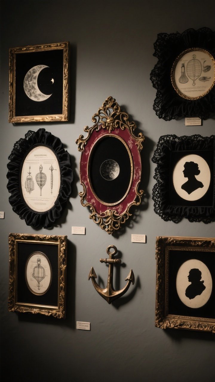 Photorealistic straight-on wall view of a shadowy gallery arrangement featuring ornate baroque thrifted frames in black satin and antique gold, with one deep burgundy accent frame; dry-brushed highlights emphasize scrollwork; frames contain vintage etchings, moon phases, Victorian medical illustrations, and silhouette cameos (black cardstock profiles on cream with oval mats); some frames lined with black velvet or lace for texture; gallery arranged with a central anchor frame and 2–3 inches spacing; moody Victorian atmosphere, soft directional light.