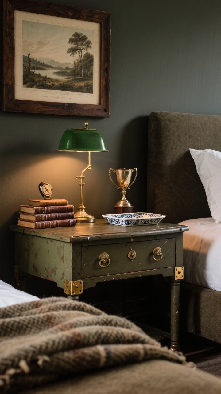 Photorealistic styled vignette detail: a vintage campaign nightstand with brass corner hardware, topped with a green banker’s lamp and a ceramic tray; nearby wall displays antique landscape art in a dark wood frame; a stack of leather-bound books and an old sports trophy add a nostalgic wink; a folded wool military blanket with visible weave rests at the bed’s foot in the background; moody, warm lamp glow with soft shadows; close, eye-level shot to capture patina and texture