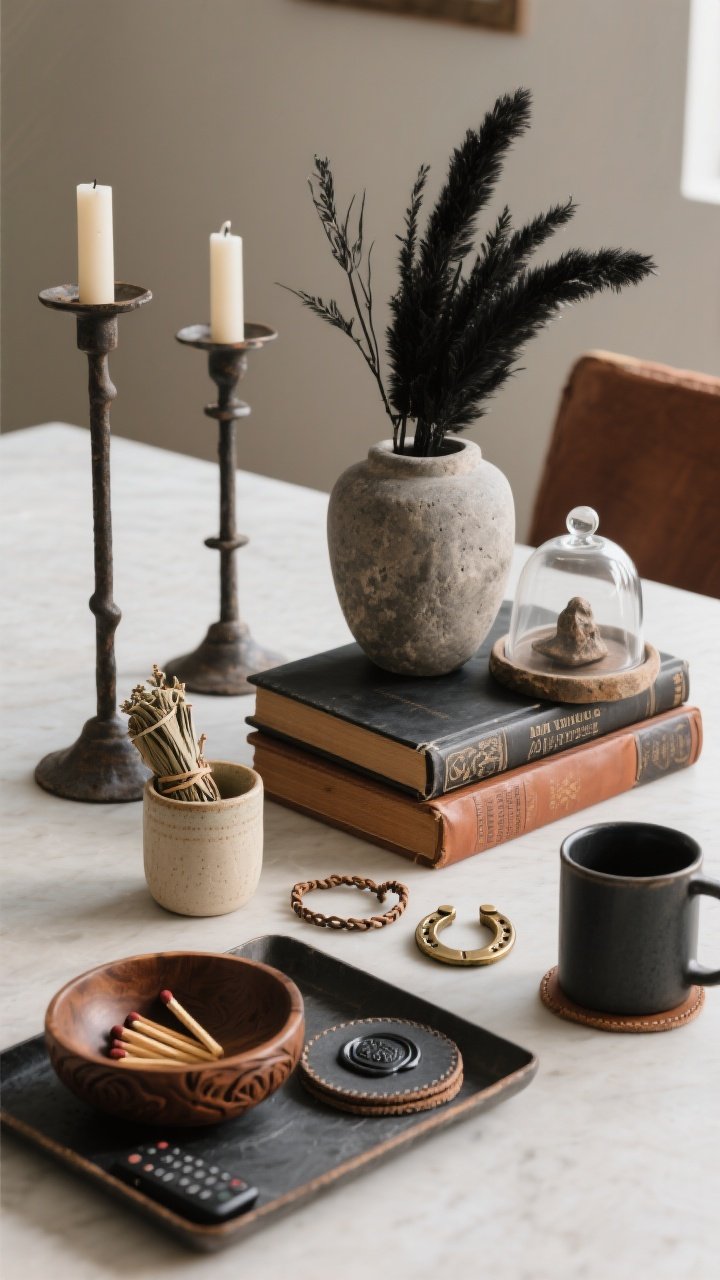 Photorealistic tabletop detail shot, angled three-quarter view, styling in vignettes: compose trios with high/medium/low—tall iron candlestick, medium stone vase with blackened pampas, low stack of leather-bound Western poetry and folklore books. Add organic touches: small sage bundle in a ceramic tumbler, a tiny lariat coil, and a horseshoe (ends up for luck). Include a mini cloche covering a found object and a black wax seal stamp on a tray. Functional pieces: leather or slate coasters and a carved wood catchall bowl with matches and a remote, leaving a clean space for a mug. Lighting: soft, directional to create gentle shadows. Palette: charcoal, rust, bone, antique brass.