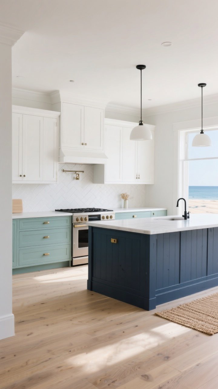 Photorealistic wide kitchen interior in soft seaside colors: warm white walls, pale greige undertones, white upper cabinets with muted blue-green lower cabinets, sandy beige accents, and a painted navy island for contrast; light oak floors, soft natural daylight flooding in, glossy white kept soft with warm textures like a subtle woven runner; simple matte black or brushed brass hardware in small doses; airy, calm beach-morning mood, straight-on wide shot capturing walls, cabinets, and island with light grout and airy feel.