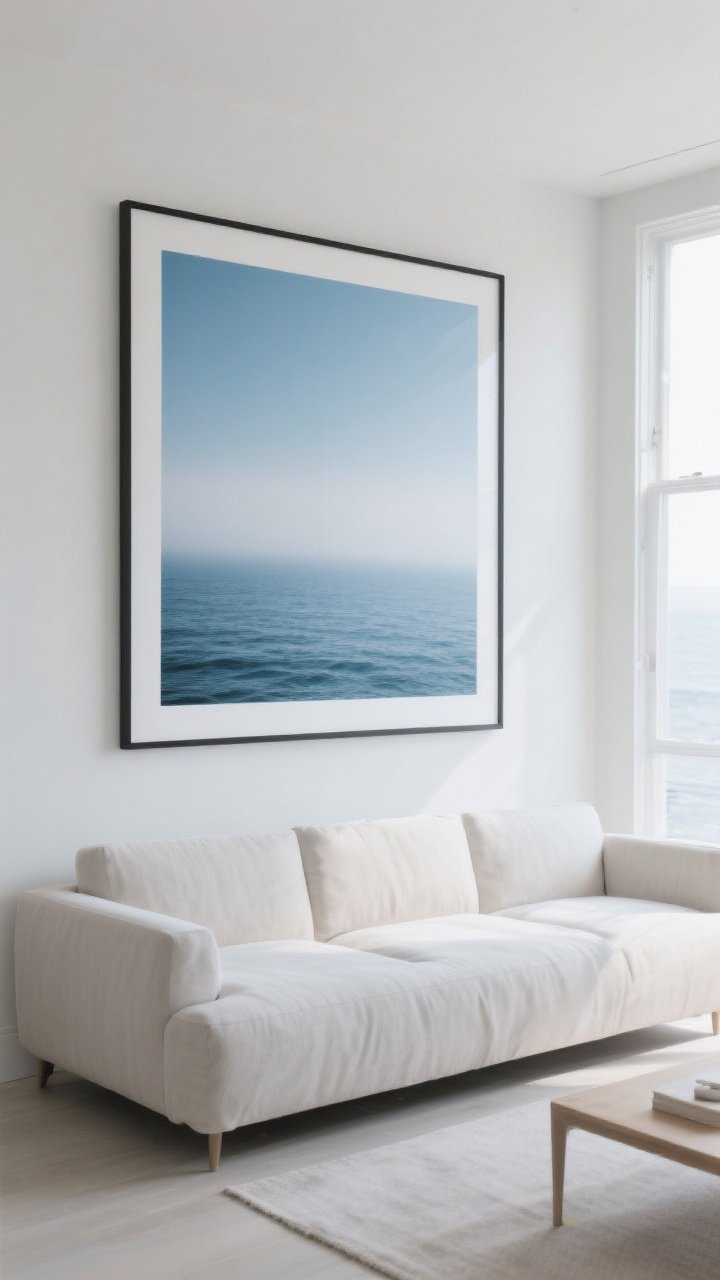 Photorealistic wide shot: a living room with a large, wide-format ocean photograph framed in a slim black frame and oversized white mat, hung slightly lower above a pale linen sofa so the horizon sits at eye level; options visible within the single artwork: calm blue water with a foggy horizon; soft morning natural light floods in from the side; palette of sea blues, whites, and pale gray; clean, airy space with minimal accessories to make the seascape feel like a window.