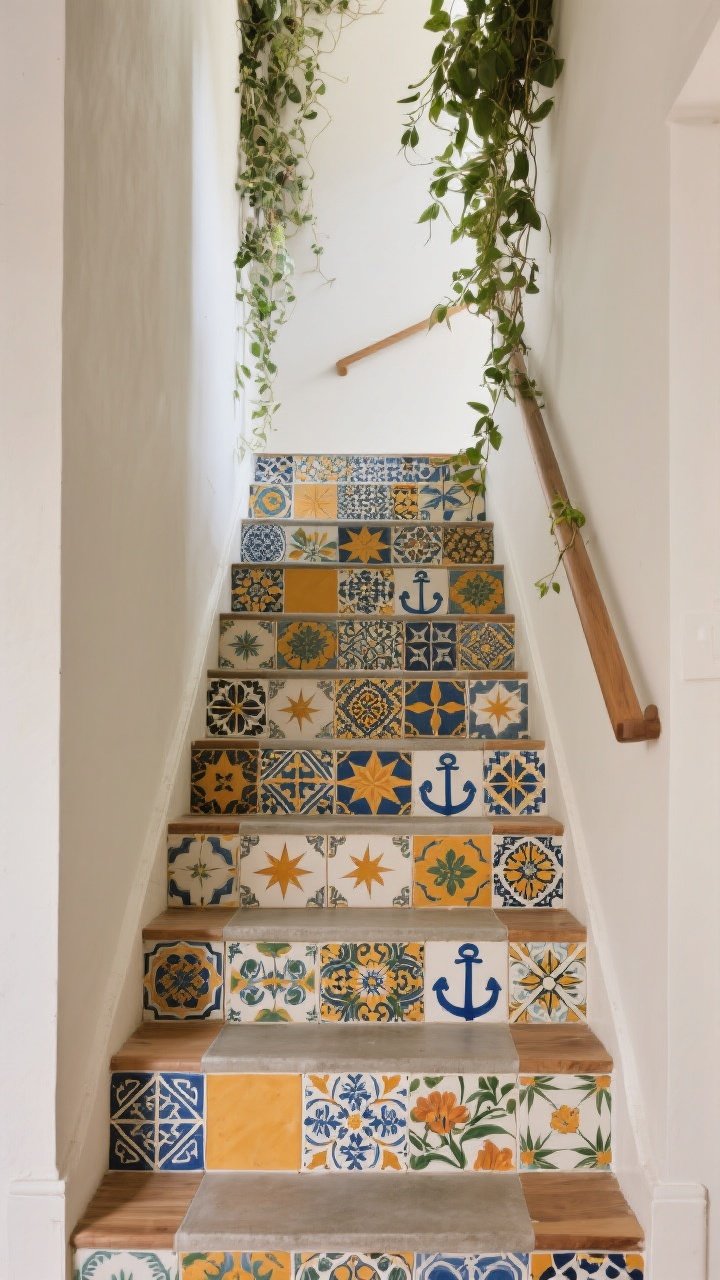 Photorealistic wide shot from the lower landing looking up at a staircase with a global patchwork of tiles on risers—Moroccan stars, Portuguese azulejo geometrics, Mexican patterns, and hand-painted florals—curated down to 3–4 primary patterns plus accents; a repeating anchor color (cobalt or marigold) threads through the mix; calm treads in natural wood or polished concrete; mid-tone grout to blend edges; neutral wall paint; lush trailing plant cascading from the upper landing to tie colors together; balanced, diffused daylight to keep colors rich without glare