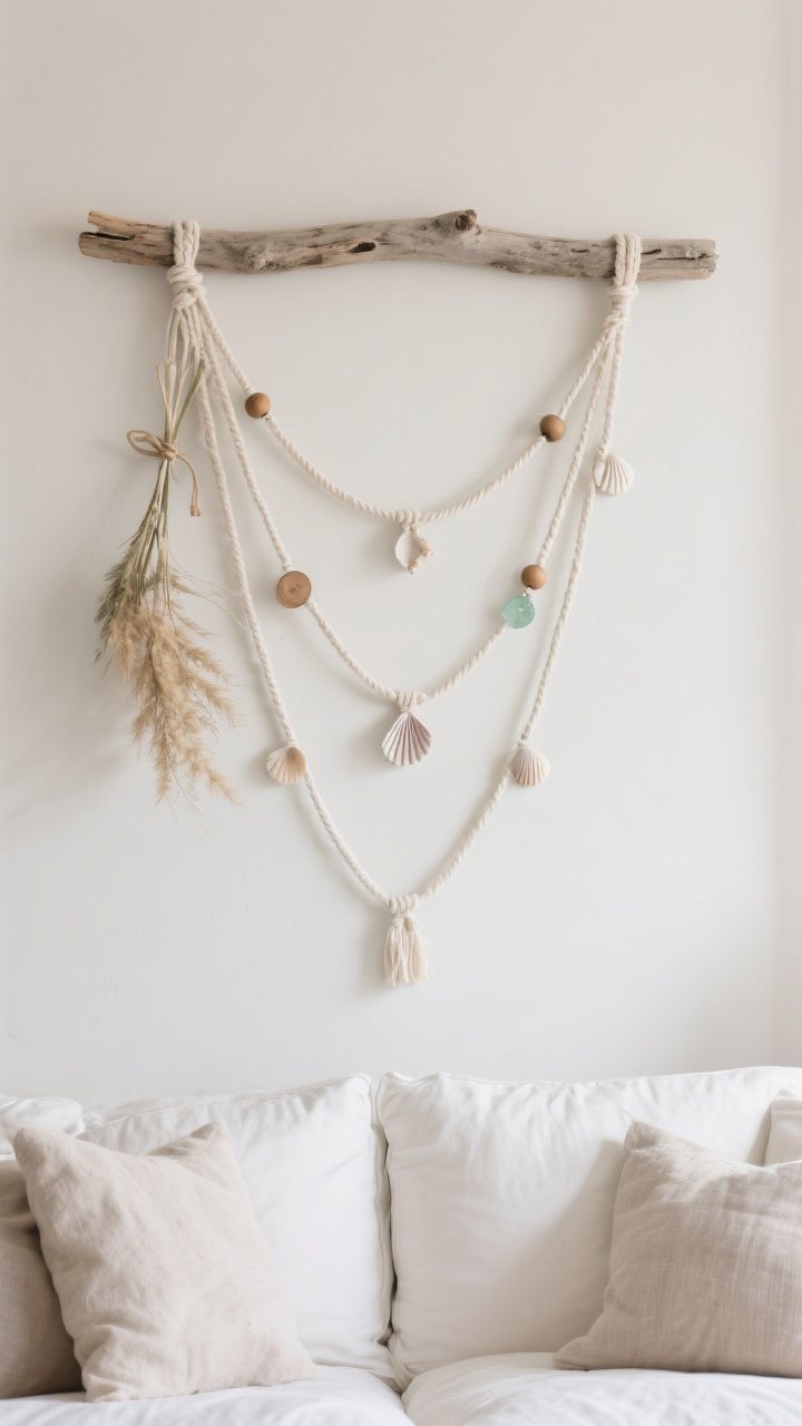 Photorealistic wide shot of a beachy wall hanging above a sofa: a straight piece of driftwood as the top bar with natural cotton cords at varied lengths forming a soft V silhouette. Wood beads and small shells threaded and knotted at intervals; a delicate sprig of dried sea oats tied near one strand. Neutral wall, soft daylight, airy boho-coastal mood in whites, sands, driftwood gray, and subtle sea-glass accents.
