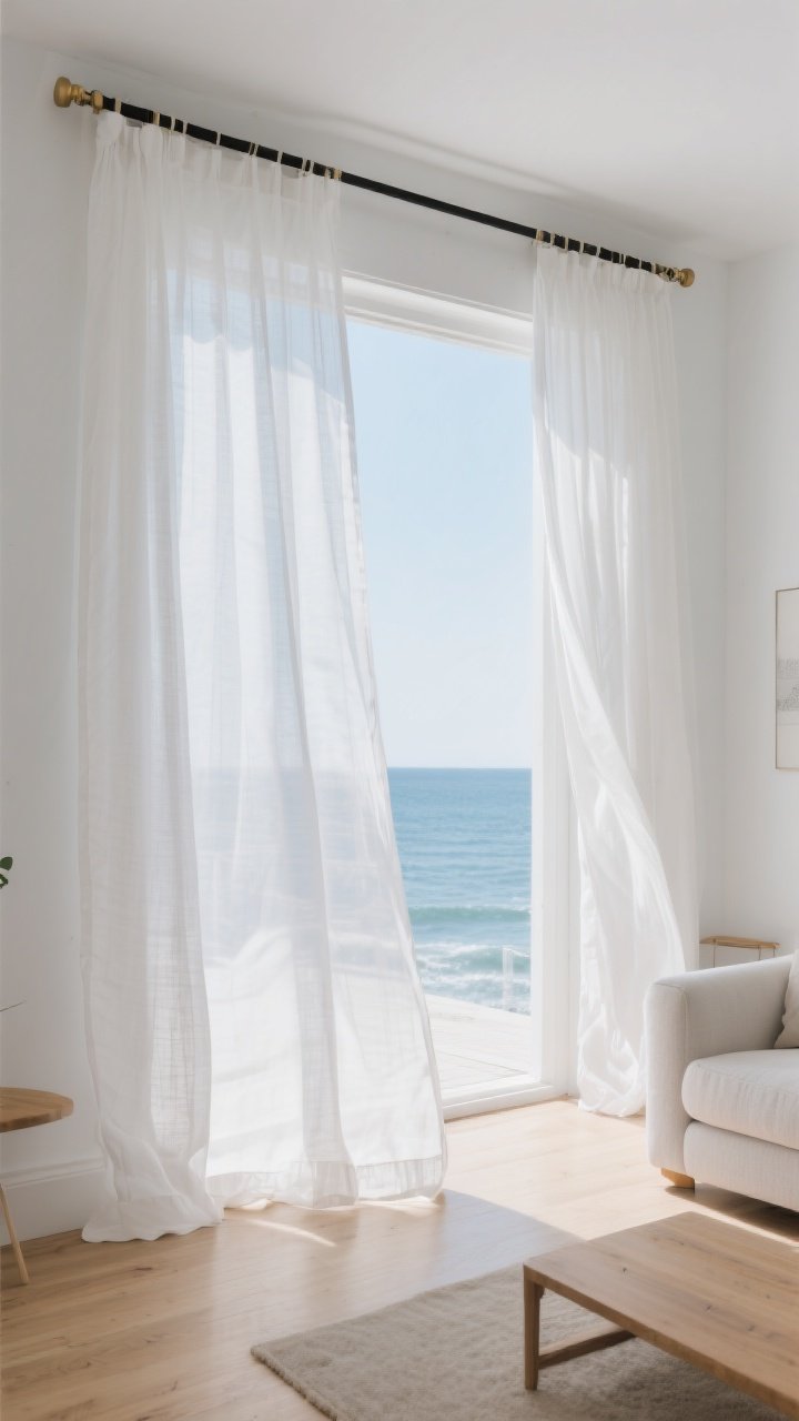 Photorealistic wide shot of a bright coastal living room with sheer white linen or linen-blend curtains hung high and wide on a slim black or brass rod, sunlight softly diffused into a clean, airy glow, white walls, light oak floors, and minimal furnishings; curtains gently billowing as if catching a light ocean breeze, creating an instant calm and larger-feeling space; no people, daytime natural light, emphasis on the soft drape and translucency
