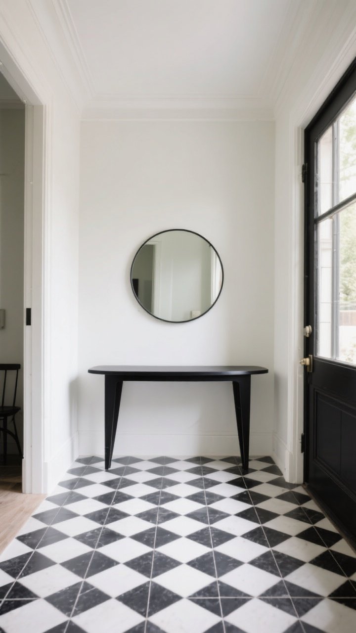 Photorealistic wide shot of a bright entryway featuring bold black-and-white geometric floor tiles in a high-contrast checkerboard pattern, matte black console table with clean lines, a simple round mirror above it, light-colored walls to keep the pattern as the star, and charcoal grout accentuating the tiles; natural daylight from a side window, straight-on view that showcases the floor dominating the scene and the curated, timeless look.