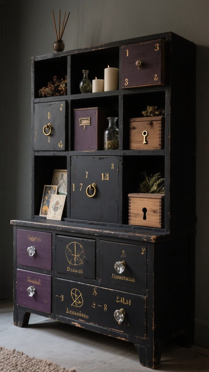 Photorealistic wide shot of a DIY apothecary cabinet composed of a thrifted low dresser/cube shelf fitted with mismatched small drawers and wooden recipe boxes; the case painted ink black with drawers in subtly varied tones of charcoal, deep plum, and black for tonal depth; hardware swapped to brass ring pulls, crystal knobs, and vintage keyhole plates; fronts stenciled with tiny numbers, alchemy symbols, and Latin names in gold paint; styled with hints of what’s stored—incense, candles, tarot decks, dried herbs; atmospheric, low-contrast lighting.