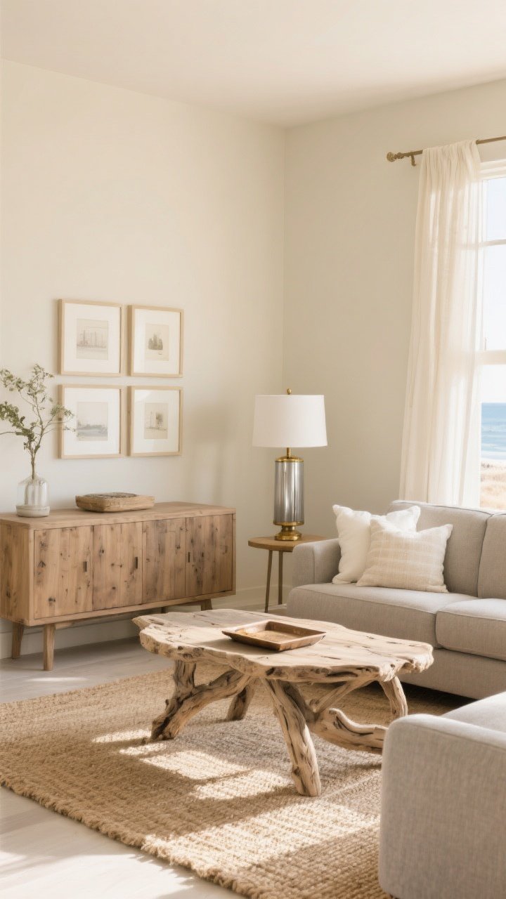Photorealistic wide shot of a living room in layered neutrals: pale sand beige walls (no yellow), a driftwood-toned coffee table, oak sideboard, gray-beige sofa with soft white lampshades and picture frames; a natural jute rug underfoot adds texture; subtle brushed nickel and aged brass accents on a floor lamp and tray; warm, inviting daylight, beachy not muddy