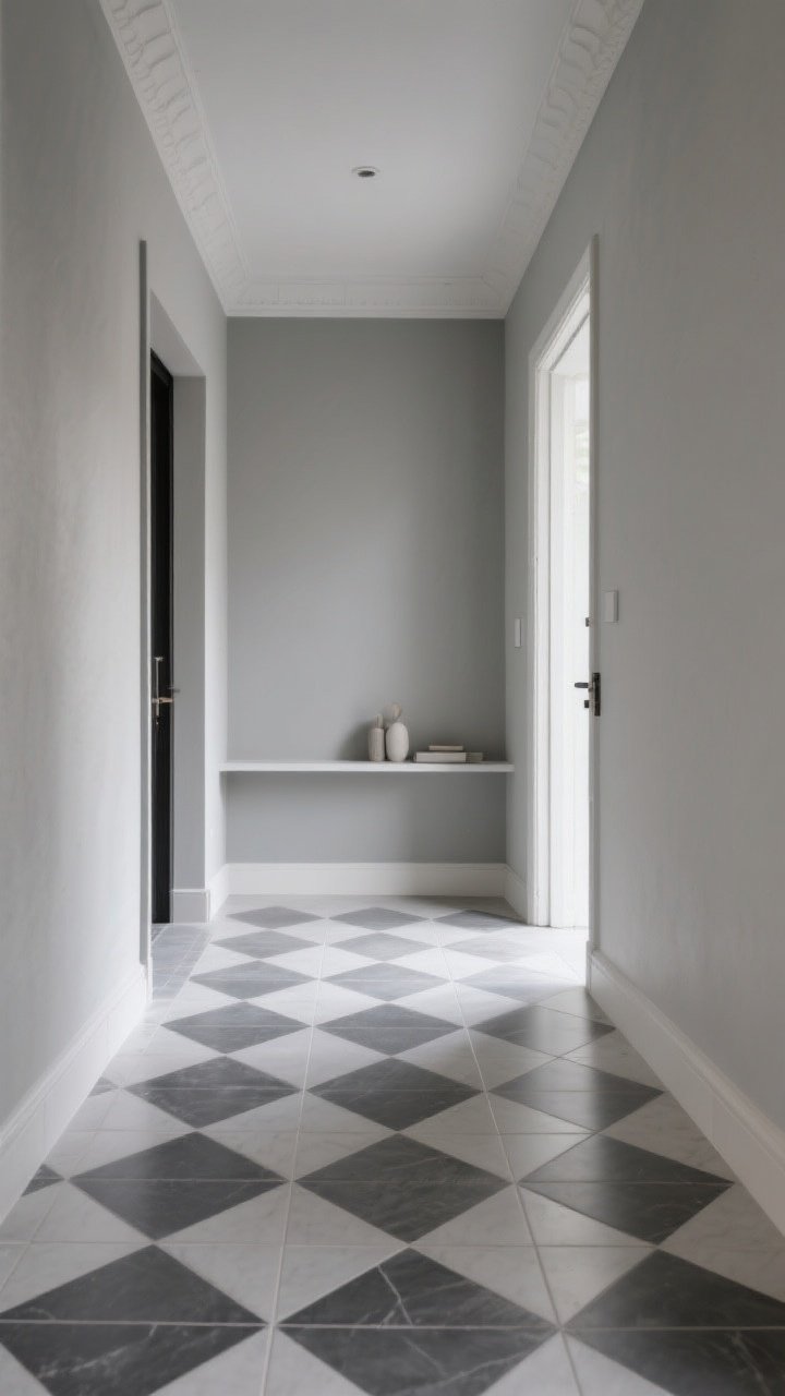 Photorealistic wide shot of a minimalist entryway showcasing a monochrome patterned tile floor using three shades of gray in a large-scale repeating motif; subtle interplay of matte and satin finishes for quiet light play; wall paint undertone matched to the tile for a seamless look; uncluttered styling with calm accessories to keep visual noise low; straight-on composition with gentle, diffuse lighting for a serene, sophisticated mood.