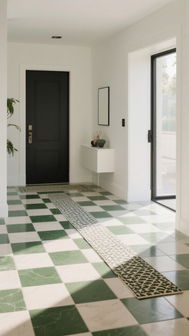 Photorealistic wide shot of a modern entry with a color-blocked checkerboard floor in moss and cream large-format tiles, tight grout lines (1/16–1/8 inch) for a clean grid; a complementary patterned runner with a different motif layered over part of the floor for a styled look; minimalist decor to let the structured pattern read fresh, not fussy; bright, even lighting and a slightly elevated corner angle to capture scale and openness.