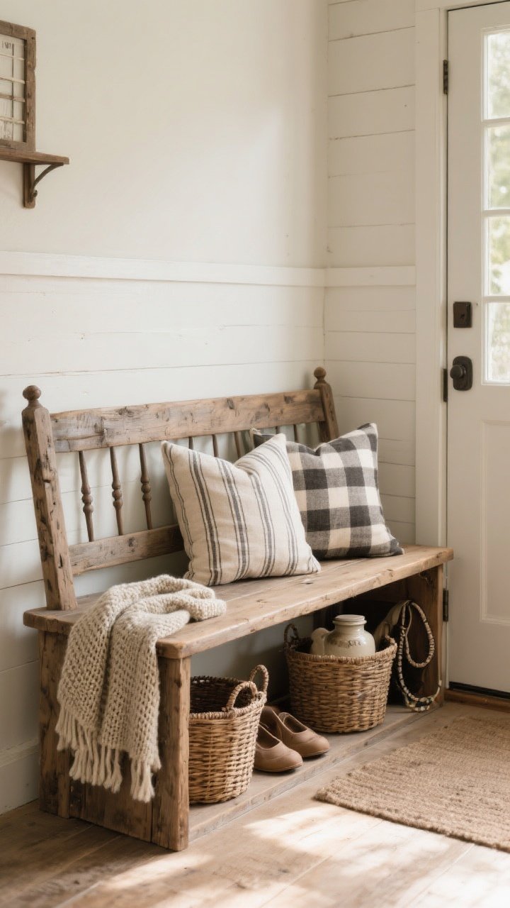 Photorealistic wide shot of a rustic farmhouse entry with a statement bench as the hero: a spindle-back shaker-style bench made from chunky reclaimed planks. Style with two pillows—one linen in ticking stripe, one buffalo check—plus a vintage wool or waffle-knit throw draped over one corner. Slide two woven baskets underneath for shoes and dog leashes. Optional: a lift-top seat hint shown ajar. Clean lines, warm patina, soft morning light; shot from a slight corner angle to show function and storage.