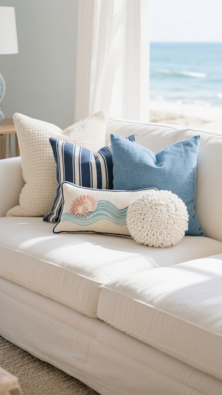 Photorealistic wide shot of a styled sofa following the no-fail coastal pillow formula: two textured neutral 22-inch pillows (oat/ivory) at the corners; two blues in 20-inch (one solid sky or chambray, one navy or sea glass); one navy/cream ticking stripe bridging solids and prints; one coastal print (coral, shell, or abstract wave) as the focal star; one neutral lumbar with contrast piping; and one off-white round or boucle “wild card.” Balanced, odd-numbered arrangement under bright, natural coastal light, with color rhythm repeated across the scene.