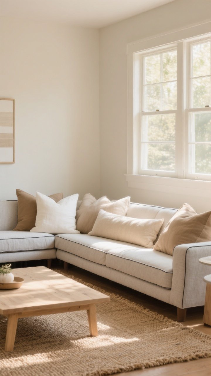 Photorealistic wide shot of a sunlit living room nook where warm neutrals ground the palette: large 22-inch linen squares in oat/ivory at the sofa corners and a long oatmeal lumbar for calm structure. Mix ivory, warm taupe, and a touch of greige; include contrast piping or a flange edge for subtle polish. Show a jute rug and light wood coffee table, with soft, sunlit ambiance streaming through a window to emphasize the serene, sandy neutrals.