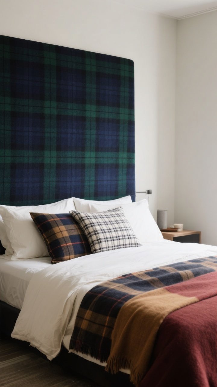 Photorealistic wide shot of a well-edited plaid-layered bedscape: 1 hero plaid (large navy or forest tartan) on the duvet, 1 supporting plaid (smaller gingham or windowpane) on the shams, grounded by solid white or cream sheets and a solid throw; palette options shown cohesively: Navy + Forest + Cream, or Oxblood + Camel + Charcoal; neutral walls and minimal accessories to avoid clutter; side angle from the room’s corner to show pattern scale contrasts clearly in controlled, harmonious composition