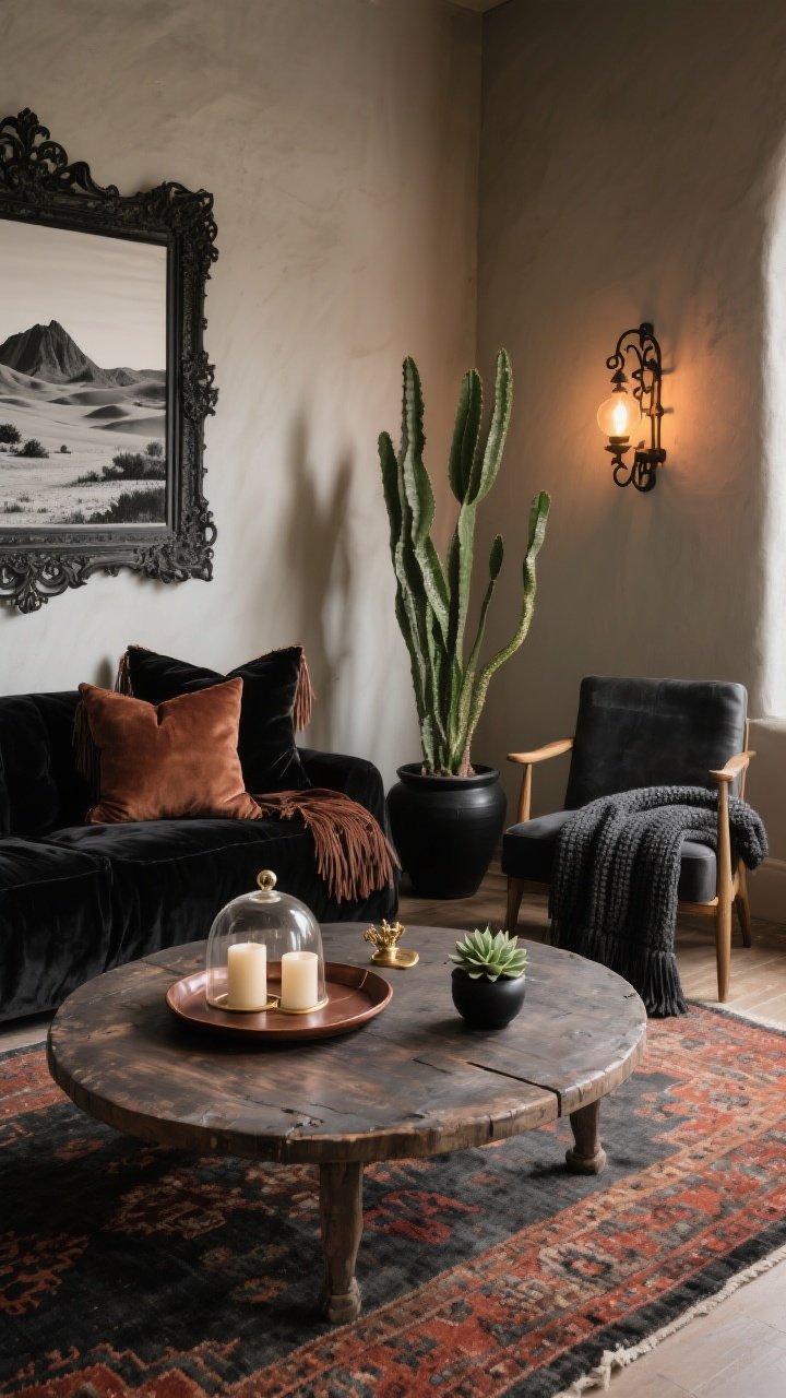 Photorealistic wide shot of a Western Gothic coffee table nook tied to the room: a low-pile Persian rug in charcoals and rust under a round worn-wood table styled per the shape recipe—central leather tray, candle trio, and a small cloche. Surrounding textiles include black velvet and suede-fringe pillows on a chair with a charcoal knit throw. Wall art: black-and-white desert landscape in an ornate antique frame; a wrought-iron sconce with a warm bulb nearby. Greenery: a tall snake plant in a matte black pot beside the nook chair and a small black prince echeveria on the table. Palette: charcoal, espresso, rust, bone, sage, antique brass, with a whisper of oxblood. Perspective: corner angle capturing the whole vignette. Lighting: warm, brooding ambient glow. No people.