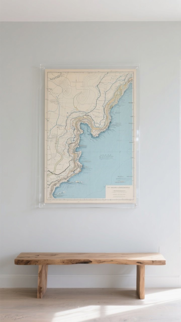 Photorealistic wide wall shot: an oversized vintage nautical chart of a coastal area framed in clear acrylic, centered on a pale gray wall; the map shows subtle blues, creams, and topographic contour lines that add movement; bright natural daylight for clarity; styling is airy and clean with a hint of a natural wood bench below; the single large piece delivers a tailored, library-meets-beach-house vibe.