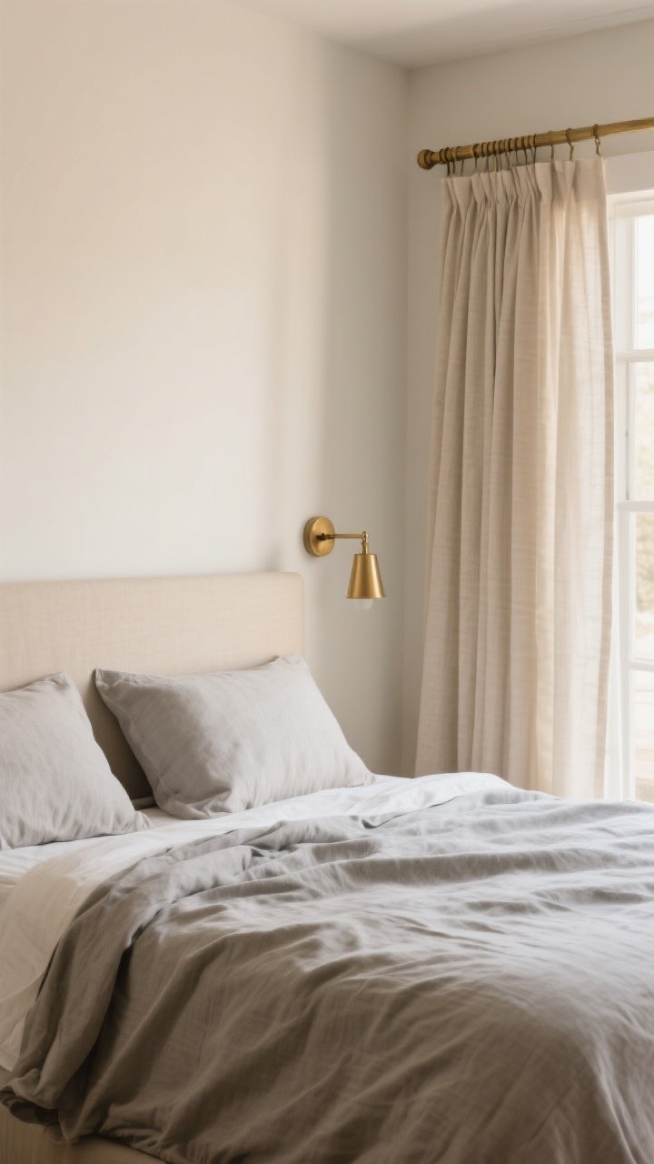 Straight-on bedroom medium shot, soft morning light: stone-colored linen bedding with relaxed, natural wrinkles, paired with slim brushed brass swing-arm sconces mounted above a low-profile headboard; palette in oat, flax, and warm neutral tones to keep brass from feeling flashy; linen curtains hang on a slender brass curtain rod, pleats falling cleanly; lines simple and tailored, textures soft and breathable; no people, serene coastal-chic mood that reads relaxed yet bespoke