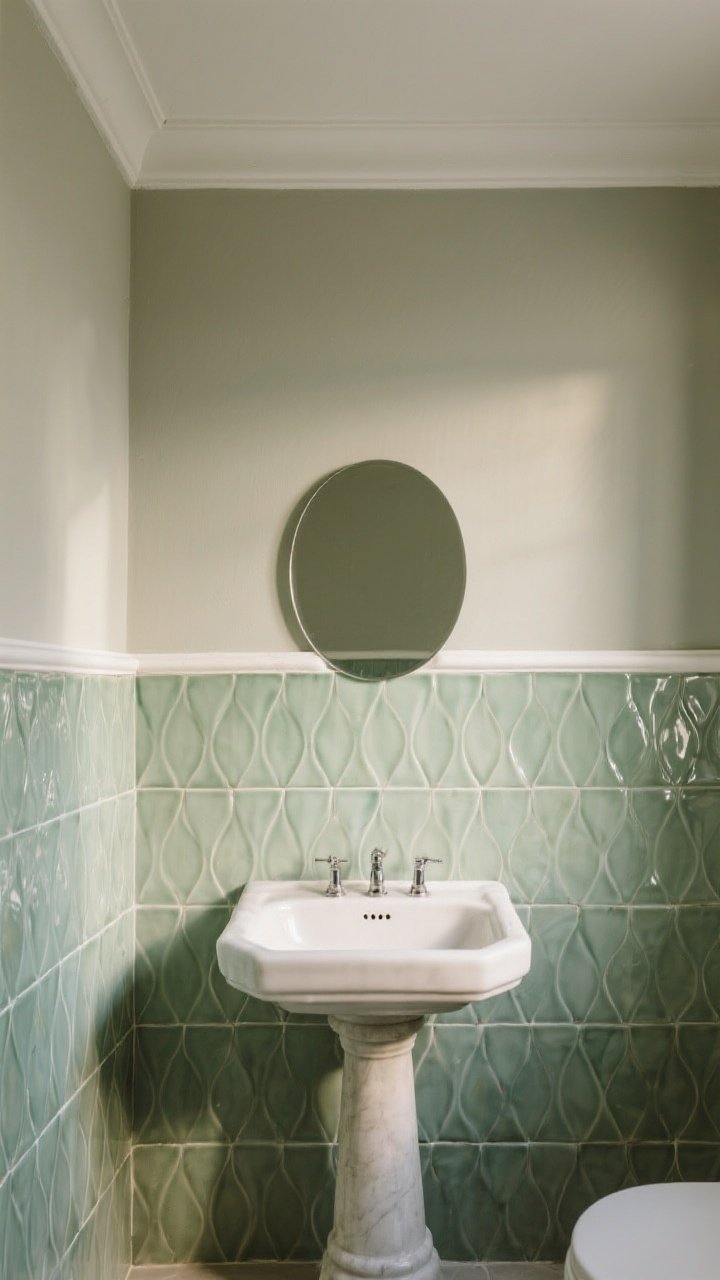 Straight-on medium shot: A powder room with a statement tile wainscot running 40 inches high—glossy zellige-style tiles in soft sage green with slight tone variation, capped with a clean white bullnose; above, the upper wall is painted a complementary greige; a small pedestal sink and minimal round mirror sit in front; warm, diffused lighting enhances the tile’s ripple-like texture.