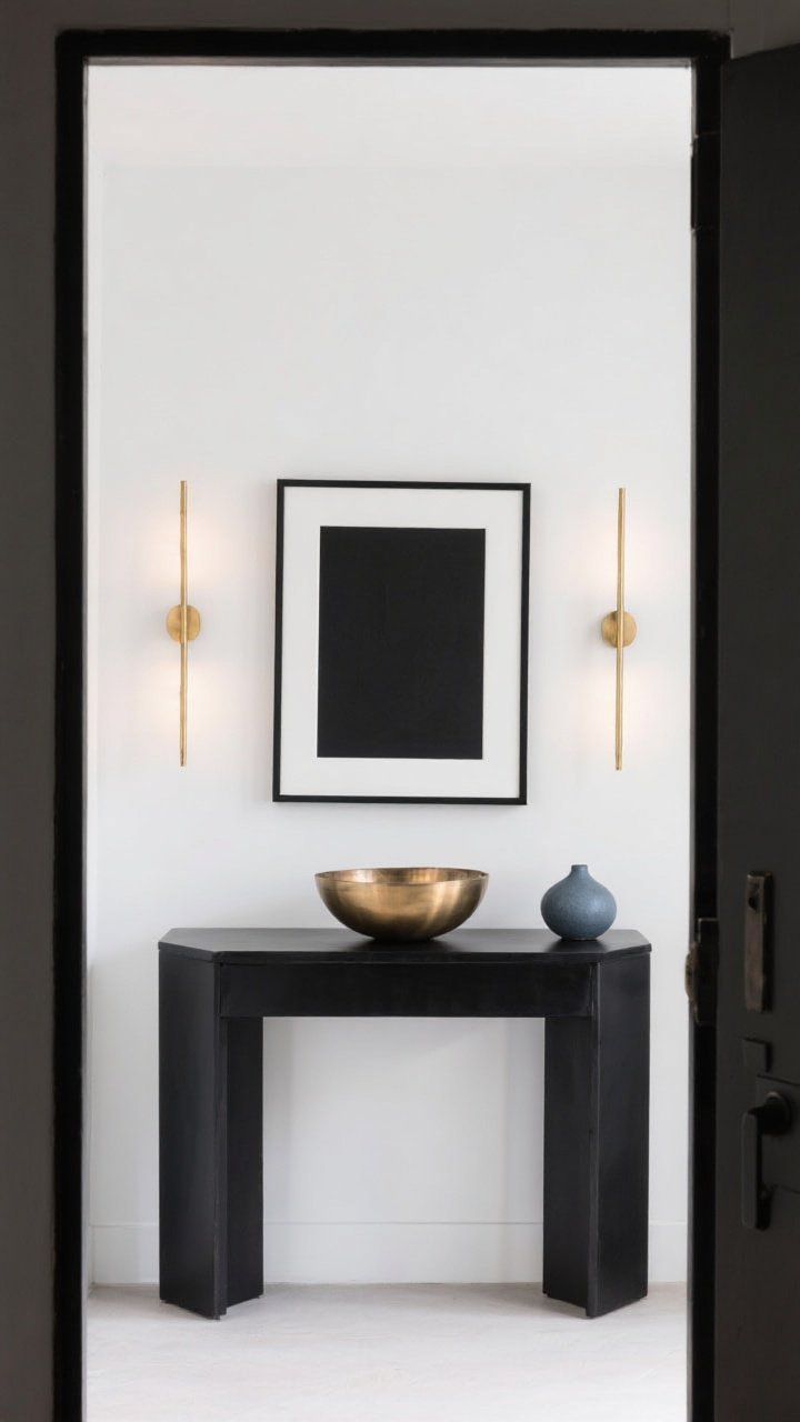 Straight-on medium shot, clean modern lighting: a matte black entryway console against a white wall, styled with a brushed brass bowl; above, black-framed art lit by slender brass picture lights; limited palette of black, white, brass, and a single muted accent color (a small slate-blue ceramic object); sleek lines, high contrast without glare (satin brass, matte black), and repeated brass in at least three touches to feel intentional; uncluttered, architectural feel