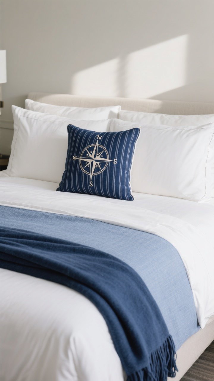 Straight-on medium shot of a hotel-crisp bed: Brilliant white sheets, a navy ticking stripe duvet as the hero pattern, solid soft-blue textured coverlet folded midway for dimension, and a single statement accent pillow with an embroidered compass motif. A neat navy throw folded at the foot of the bed. Background neutral and uncluttered to emphasize bedding balance. Soft morning light; photorealistic.