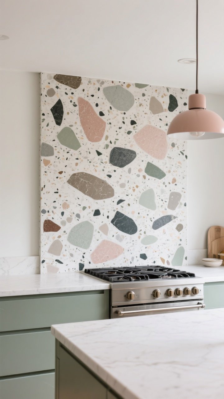 Straight-on medium shot of a kitchen range wall with a bold terrazzo slab backsplash acting like abstract art; oversized chips in muted tones (warm gray, blush, sage, charcoal) with a honed, low-sheen finish; simple, solid-color counters in matte white and minimal seams; pendant lights echo one terrazzo chip color; uncluttered styling so the terrazzo is the lead focus; soft, even natural light.