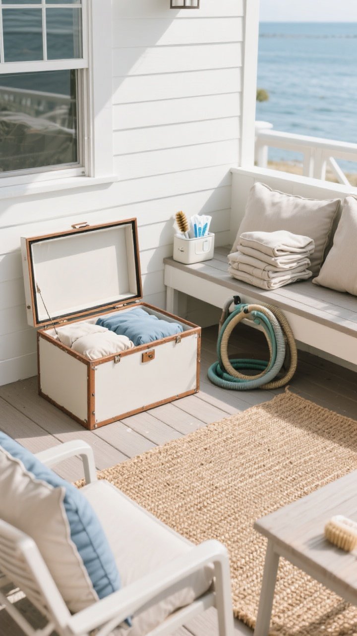 Straight-on medium shot of a low-maintenance coastal setup: deck box slightly open revealing neatly stored quick-dry cushions; rust-proof framed chairs with machine-washable covers; a polypropylene flatweave rug that mimics jute underfoot with a hose coiled nearby; fitted furniture covers folded on a shelf; a small caddy with wipes, lint roller, and soft brush on a bench; clear daylight, tidy and practical, photorealistic.