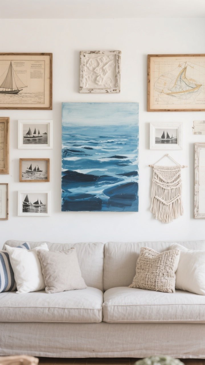 Straight-on medium shot of a sofa wall featuring curated coastal art: a large-scale abstract in sea blues centered over the sofa, flanked by a casual gallery mix of vintage nautical charts and old regatta photos in light wood, white, and weathered frames; include a piece of textural art like a small woven wall hanging or plaster relief; overall relaxed, collected-over-time feel with soft natural light.