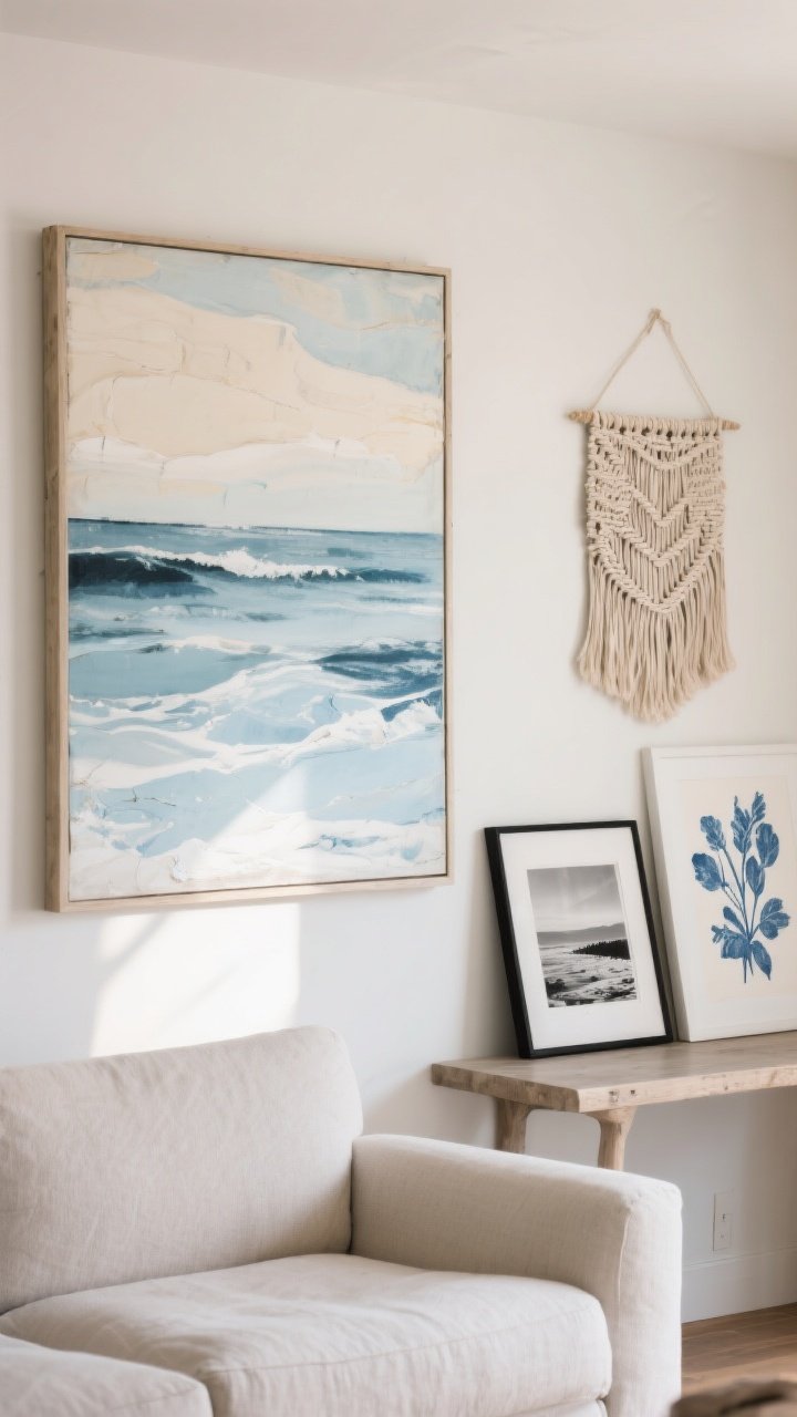 Straight-on medium shot of art curation above a sofa: a large abstract seascape in muted blues and creams as the statement piece, a console to the side with leaned black-and-white coastal photography and a cyanotype-style botanical print, mixed textures including a small woven wall hanging; soft, indirect daylight, refined coastal mood