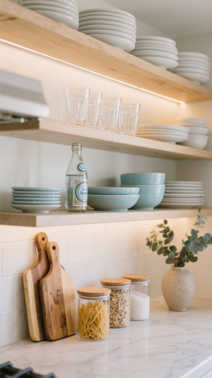 Straight-on medium shot of functional open kitchen shelves: neatly arranged white plates, clear glass tumblers, a couple of pale blue bowls, stacked wooden cutting boards, a small ceramic vase with eucalyptus, and glass canisters filled with oats, sea salt, and pasta; one hero piece like a vintage seltzer bottle in coastal tones; under-shelf lighting casting a warm glow that highlights textures and keeps the scene curated, clean, and practical.