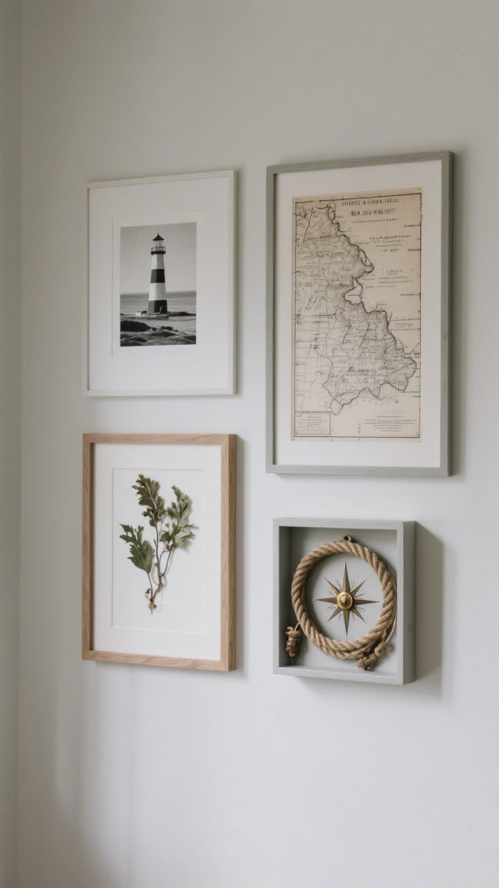 Straight-on wall gallery medium shot: A light, airy wall featuring a curated arrangement—framed vintage nautical map, a thin-framed black-and-white lighthouse photograph, a pressed seaweed botanical in a slim wood frame, and a small shadow box with a neatly coiled rope and a brass compass. Consistent slim frames, generous spacing and negative space. Soft, indirect daylight for a quiet, moody coastal vibe; photorealistic.