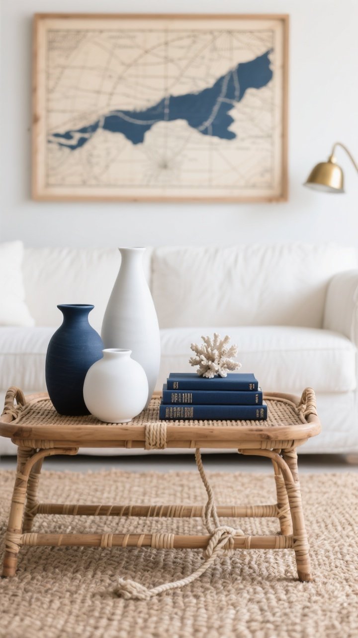 Styled flat-lay/coffee table detail shot in a living room: accessories and art that feel coastal-adjacent. On a rattan or unfinished wood tray atop a jute rug, arrange matte white and deep navy ceramics of varied heights, a stack of books with navy spines, and a single small coral fragment or a neatly tied knot rope (one witty nod only). In the background blur, a light wood–framed vintage nautical map or abstract in navy and sand hangs above a white sofa; a brass or polished nickel picture light adds glow. Keep composition edited with negative space; photorealistic; no people.