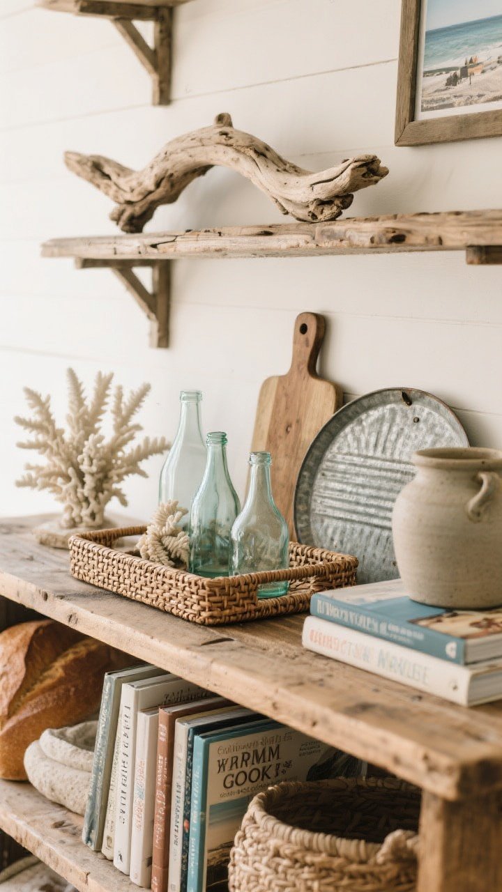 Styled surface closeup, straight-on at eye level: A reclaimed wood shelf or console curated with coastal and farmhouse decor—driftwood piece, ethical coral replica, sea glass bottles, a woven tray alongside vintage bread boards, a stoneware crock, and a lightly used galvanized piece. Stack a few coastal photography books mixed with farmhouse cookbooks. Avoid kitschy signage; lighting is warm and gentle to feel collected and lived-in.