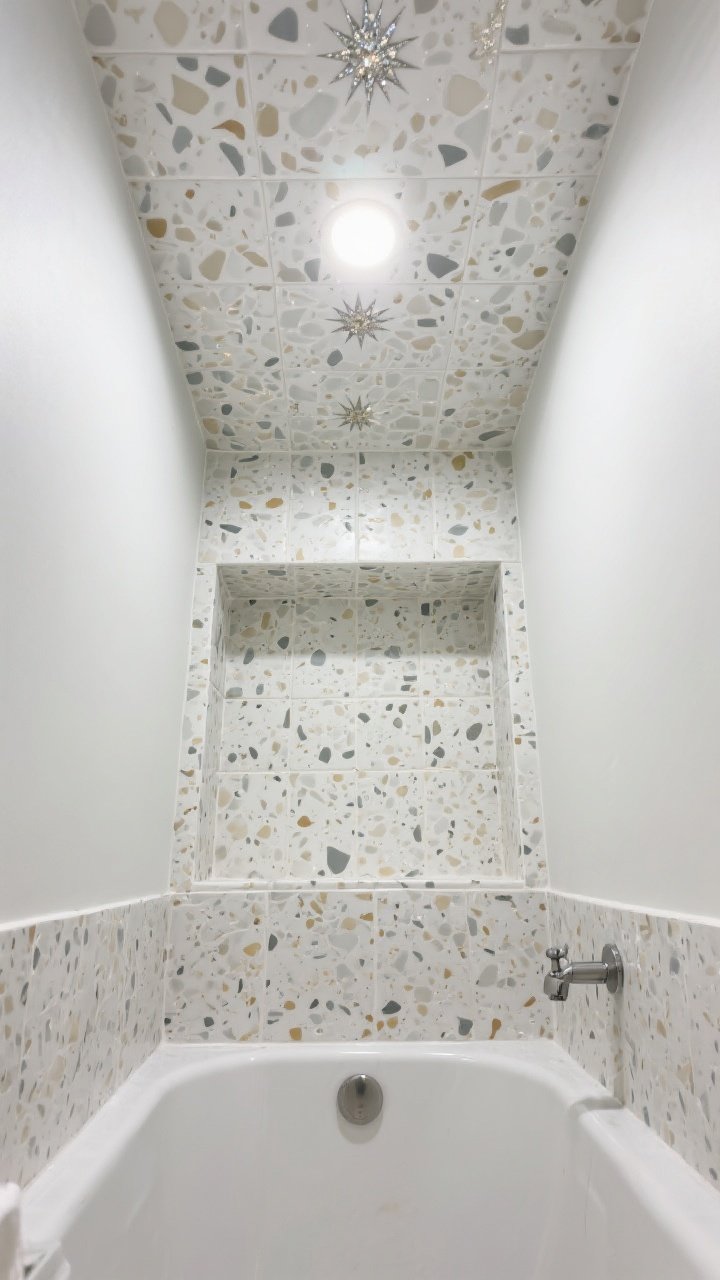 Upward-looking detail shot: A compact shower-tub alcove with a ceiling tiled in a terrazzo-look porcelain mosaic featuring subtle starburst flecks in cream and gray; the ceiling tile continues cleanly to the edges with precise alignment; a hint of matching terrazzo at the niche ties the look together; bright, moisture-safe lighting makes the jewel-box ceiling the surprise focal point.
