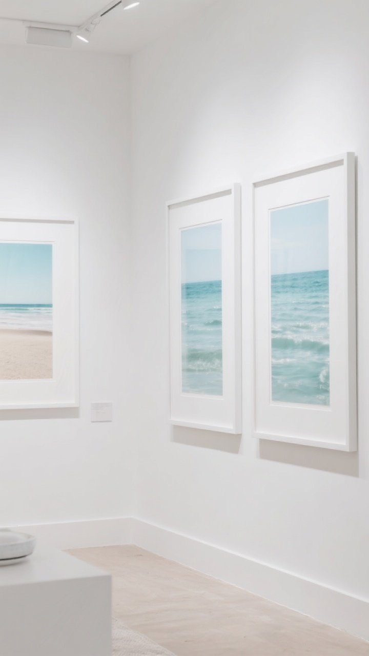 ” White frames, coastal calm palette of whites, sands, sea-glass blues. Gentle, even gallery lighting; dust-free, polished look.