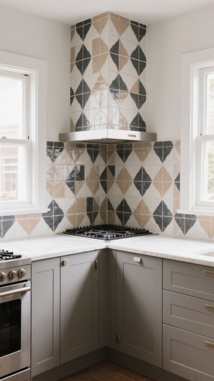 Wide-angle corner shot of a kitchen where large-format patterned tiles wrap from the backsplash onto an adjacent wall and continue up a tiled range hood; pattern limited to two to three tones (charcoal, warm white, soft taupe) for impact without overwhelm; matte solid counters and simple flat-front cabinetry anchor the scene; tile repeat aligned symmetrically around the cooktop; bright, diffused daylight, photorealistic.