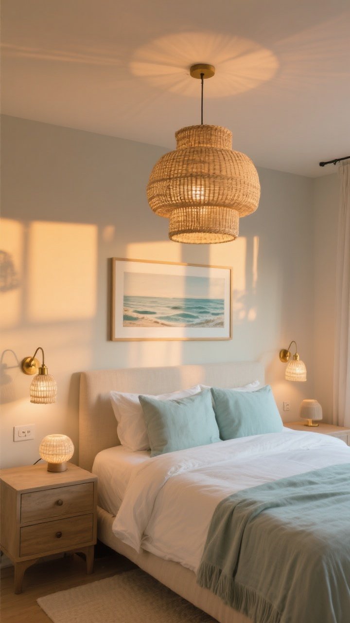 Wide bedroom shot at golden hour showing layered, warm lighting: a woven rattan pendant centered overhead for ambient glow, dimmed to 2700–3000K; matching woven bedside lamps or brass swing-arm sconces for task light on either side of the bed; subtle accent lighting with a slim picture light over coastal artwork and a small table lamp on a dresser. Include linen or frosted glass diffusers for softened light. The scene should feel cozy and flattering, with visible dimmer switches on the wall and warm pools of light across sandy neutrals and sea-glass blues.