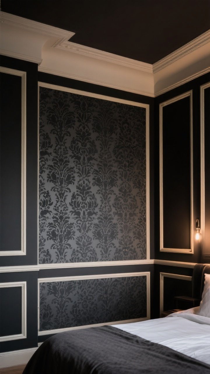 Wide bedroom wall composition focusing on paint, wallpaper, and ceiling: a statement wall behind the bed in tone-on-tone damask wallpaper (charcoal on charcoal) flanked by adjacent walls painted in warm-undertone black, with cream or putty trim for a two-tone look that accents moldings. The ceiling is a shade darker than the walls, leaning metallic charcoal for a cocooning effect. Bed is partially visible to ground the scene, but emphasis is on the rich color envelope and highlighted moldings. Soft, indirect evening lighting to flatter skin tones; photorealistic, no people.