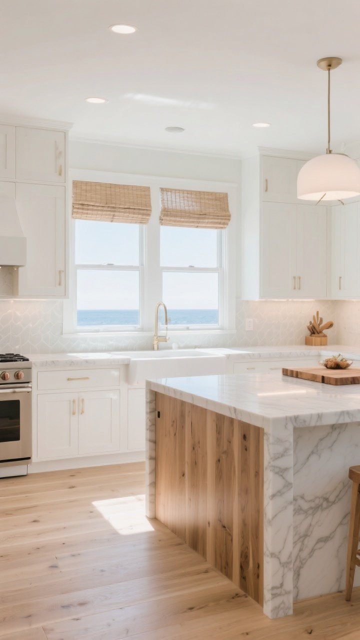 Wide, bright kitchen emphasizing a light-reflecting foundation: light oak or whitewashed wood floors, quartz or quartzite counters with soft gray-beige veining, butcher block accent on a prep zone of the island, minimal window treatments with sheer Roman shades or woven wood blinds filtering daylight; reflective pale backsplash bouncing light, clear sills with no heavy valances; overall illumination tuned to 3000–3500K LEDs for a warm, airy coastal glow; straight-on perspective capturing floors, counters, and windows.