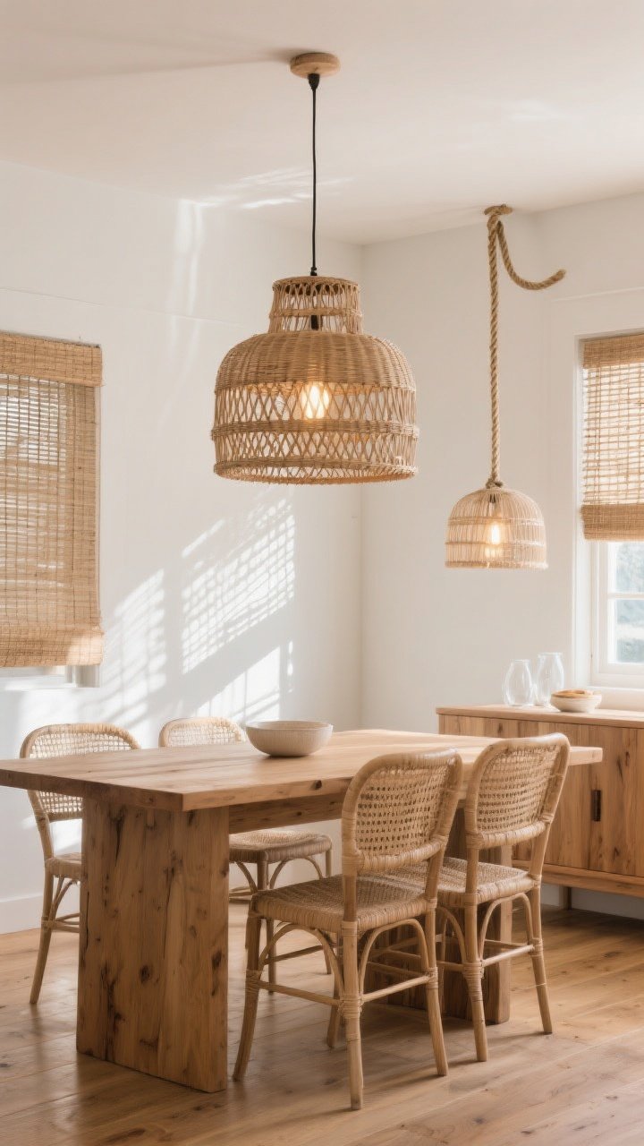 Wide dining area view featuring a large open-weave rattan pendant centered over a natural wood table, plus a coordinating smaller rope pendant over a sideboard; warm, filtered light casting patterned shadows on matte white walls; tones of the woven shades matched to oak flooring and light cane chairs; frosted low-glare bulbs inside for soft coastal ambiance, photorealistic.