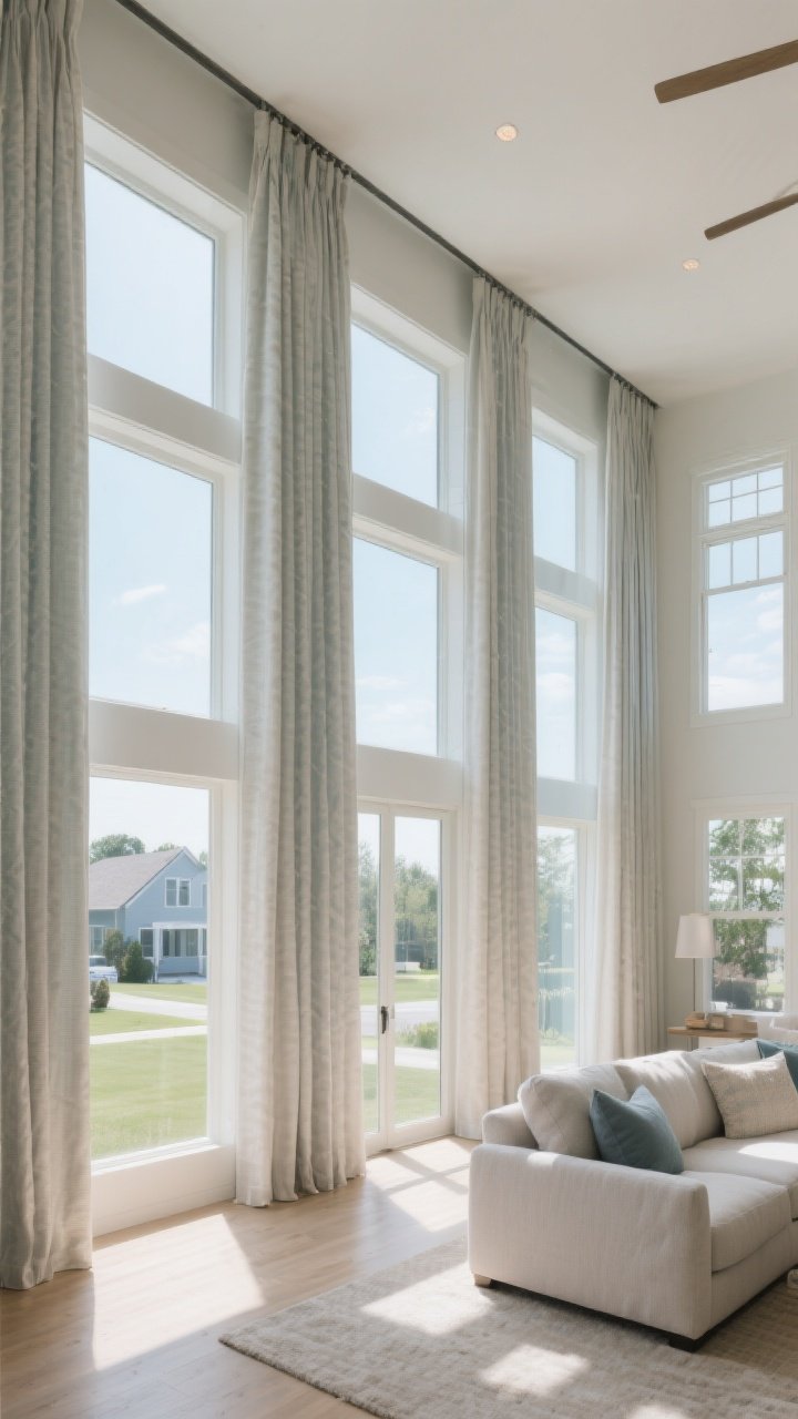 Wide, dramatic living room shot with floor-to-ceiling, ceiling-mounted curtains that kiss the floor with a tiny 1/2-inch break; light, airy fabric in a coastal-neutral tone unifying multiple windows in an open-concept space; room feels taller and resort-like; bright natural daylight, expansive view effect even if exterior is suburban; straight-on, architectural composition emphasizing vertical lines