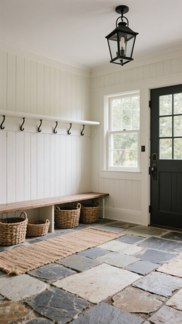 Wide entryway and mudroom hybrid: stone floors laid in a random pattern layout with mixed tile sizes of slate, travertine, and limestone, showing authentic patina. Built-in shaker peg rail and bench, woven baskets under the bench, jute runner to warm things up. Sealed stone with subtle matte finish, dirt-friendly tones. Natural side-window daylight plus a black metal ceiling lantern. Corner angle to showcase the pattern flow and durability for high-traffic farmhouse living. Photorealistic.