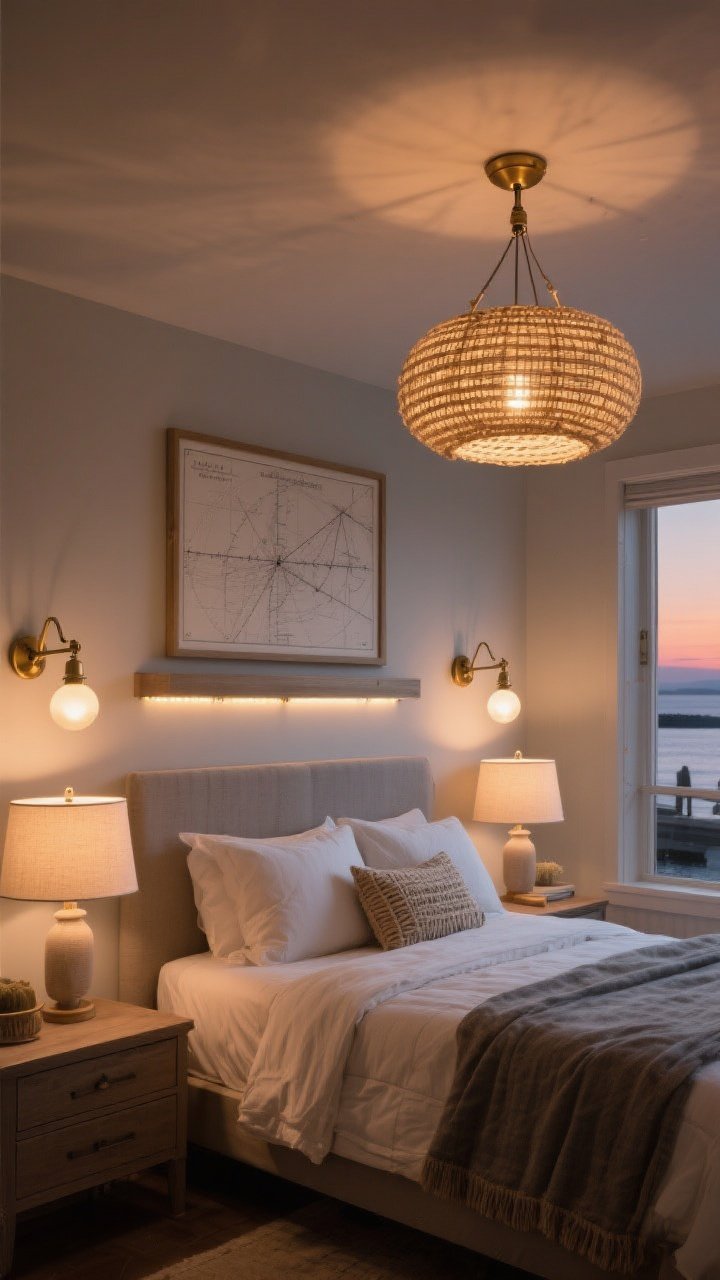 Wide evening shot: Layered maritime lighting in a cozy bedroom. Overhead woven pendant casting soft, diffused light; brass swing-arm sconces flanking the bed for task lighting; table lamps with linen shades on nightstands creating warm ambient glow; a picture light illuminating a framed nautical chart above a dresser. Optional subtle under-shelf LED strip adds a modern accent. Warm bulbs at 2700–3000K, sunset-like ambiance; photorealistic.