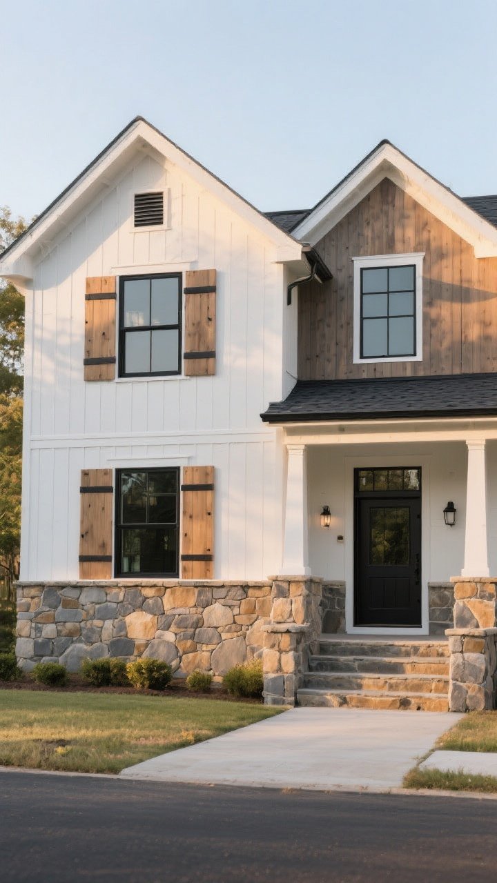 Wide front elevation: a modern farmhouse facade with a stone wainscot/foundation skirt rising to windowsills, regionally inspired stone in warm grays and tans. White clapboard siding above, board-and-batten gables, black-framed windows, and wood shutters. Front steps with stone treads and risers. Early morning light for clear detail and curb appeal. Photorealistic, straight-on architectural view emphasizing the grounded, storied look.
