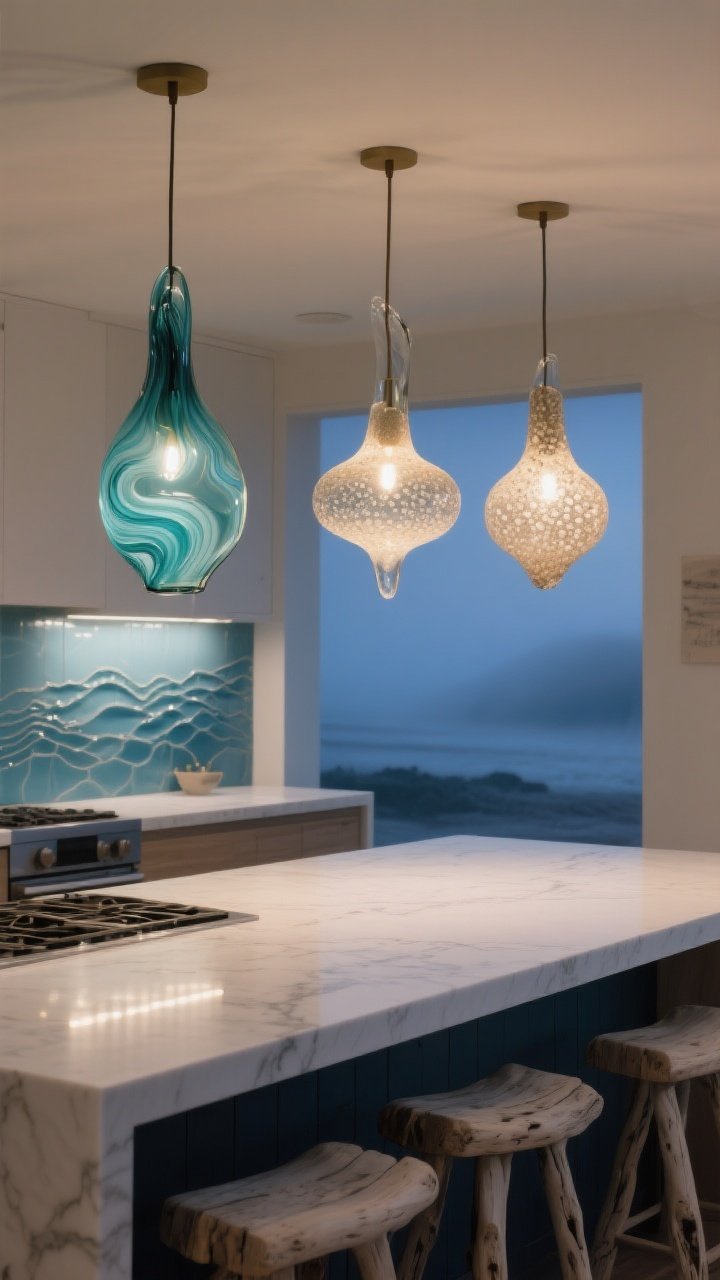 Wide kitchen island scene at dusk with three hand-blown glass pendants in varied shapes hanging at staggered heights, featuring swirls of aqua, seafoam, and sandy tones in seeded/bubbled glass; warm LED glow (2700–3000K) creates a tide pool effect on white quartz counters and pale driftwood stools; dimmed, casual coastal atmosphere, soft reflections on a misty blue backsplash, no people, photorealistic.